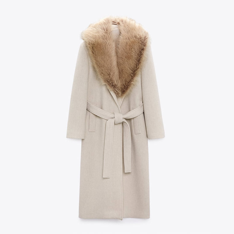 Women's Fur Collar Long Woolen Coat