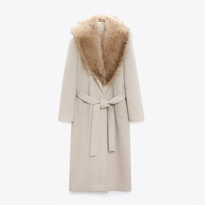 Women's Fur Collar Long Woolen Coat