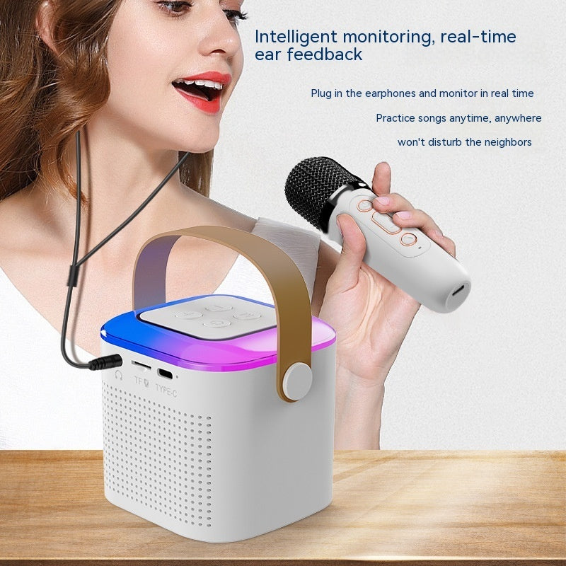 Microphone Karaoke Machine Bluetooth Compatible Speaker with 2 Wireless Mics, RGB Light, Home Family Singing Speaker