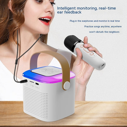 Microphone Karaoke Machine Bluetooth Compatible Speaker with 2 Wireless Mics, RGB Light, Home Family Singing Speaker