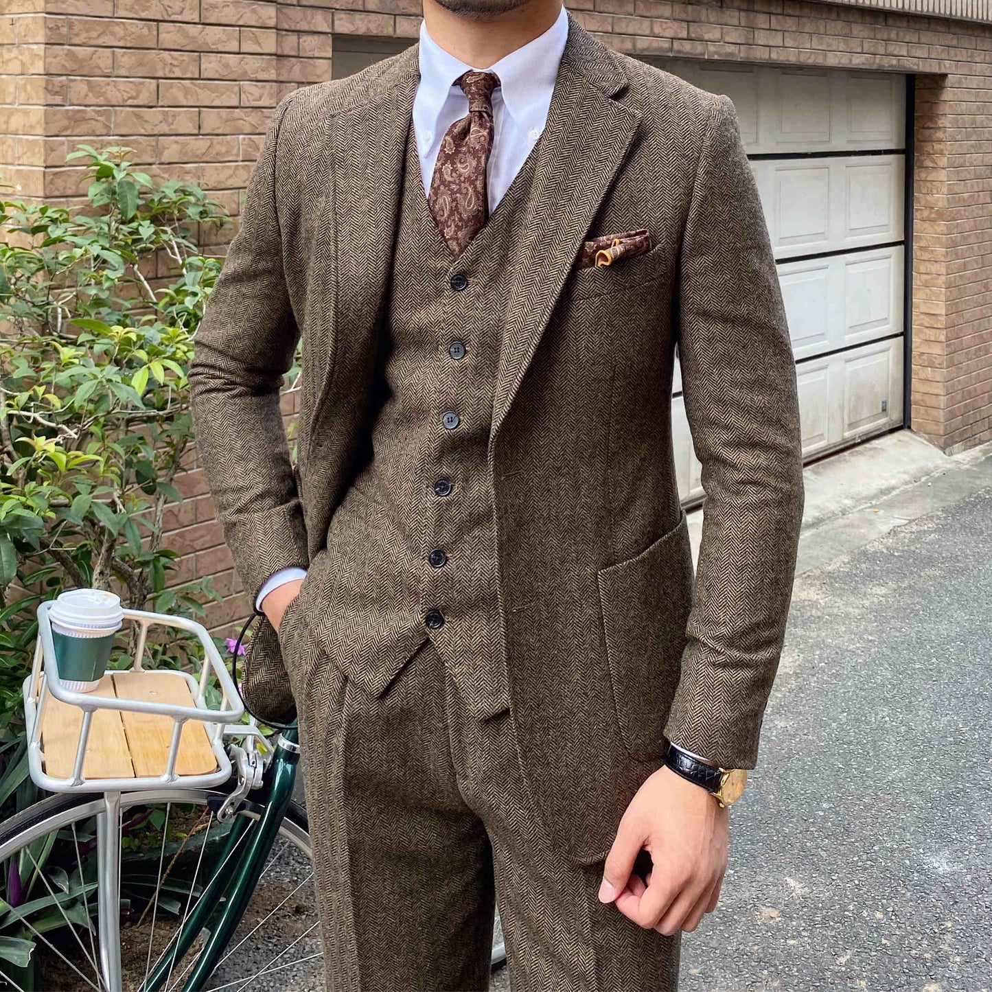 Men's Autumn Winter Retro Herringbone Wool Slim Fit Suits