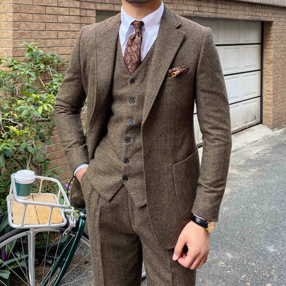 Men's Autumn Winter Retro Herringbone Wool Slim Fit Suits