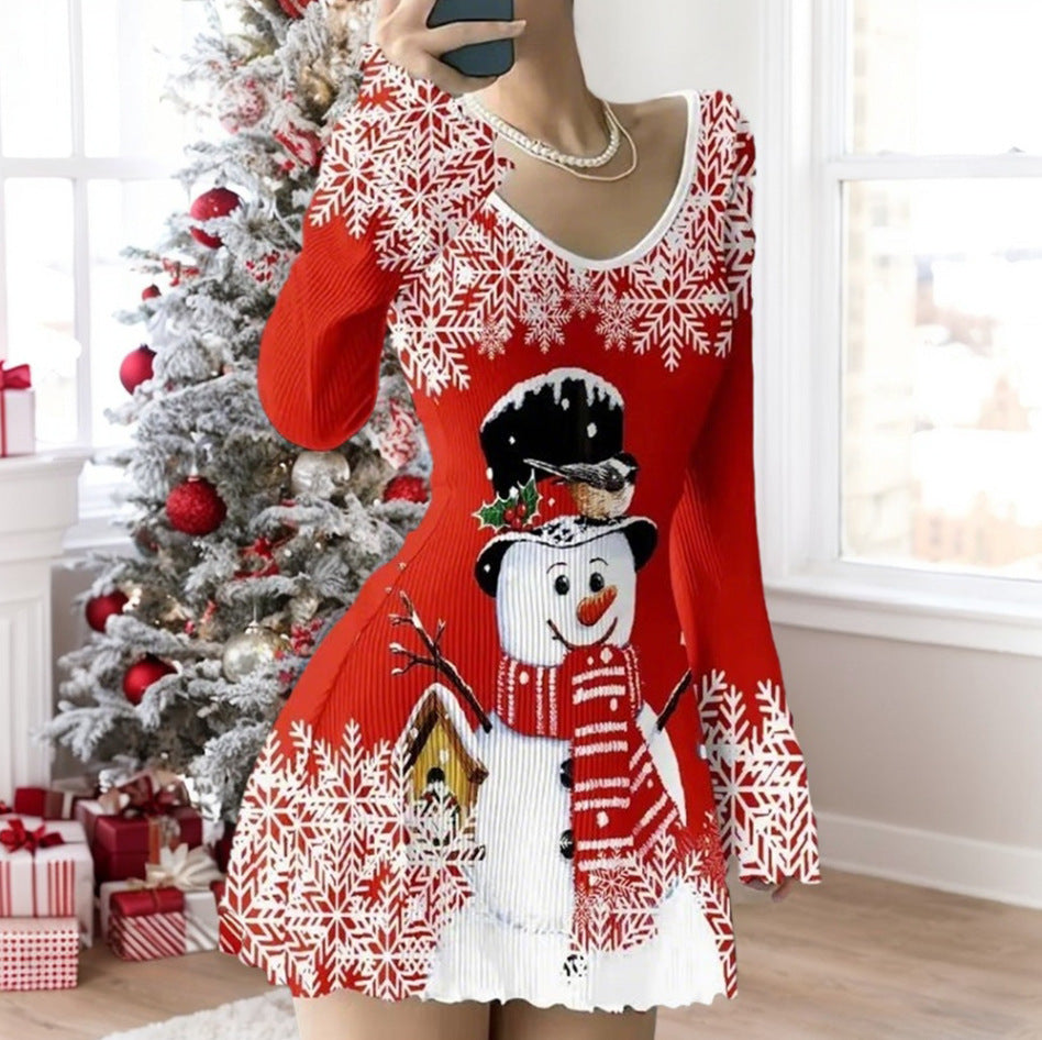 V-neck Stretch Sunken Stripe Christmas Printed Flared Sleeve Dress