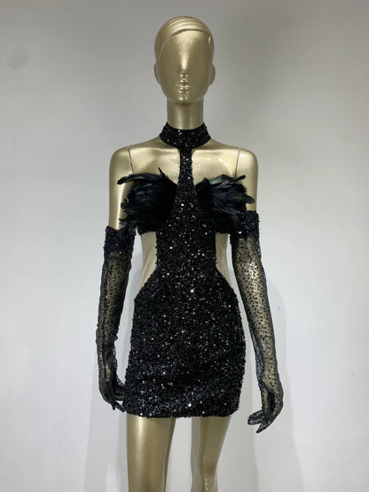 Halter Feather Sequins Short Hip Skirt Dress with Gloves