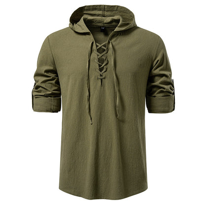 New Medieval Pirate Drawstring Men's Cotton Linen Long Sleeve