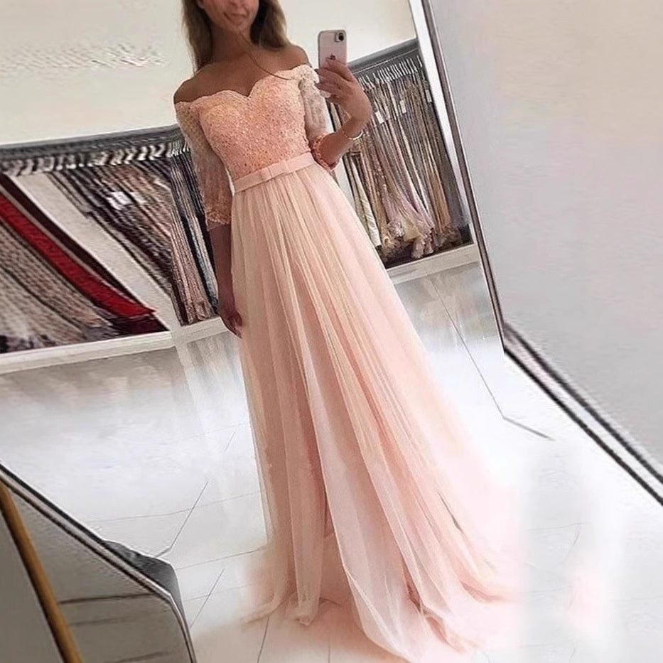 European And American V-neck Lace Off Shoulder Princess Dress