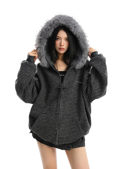 American Striped Detachable Big Fur Collar Hoodie