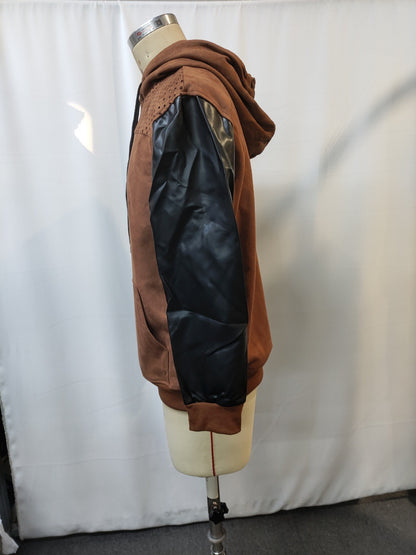 Men's Retro Brown Leather Decorative Perforated Hooded Casual Sweatshirt