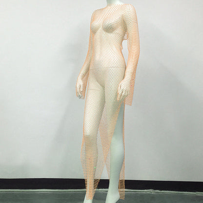 Women's Rhinestone Fishnet Mesh Sexy Slit Fishnet Dress