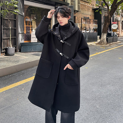 High-grade Woolen Horn Button Hooded Coat Medium length