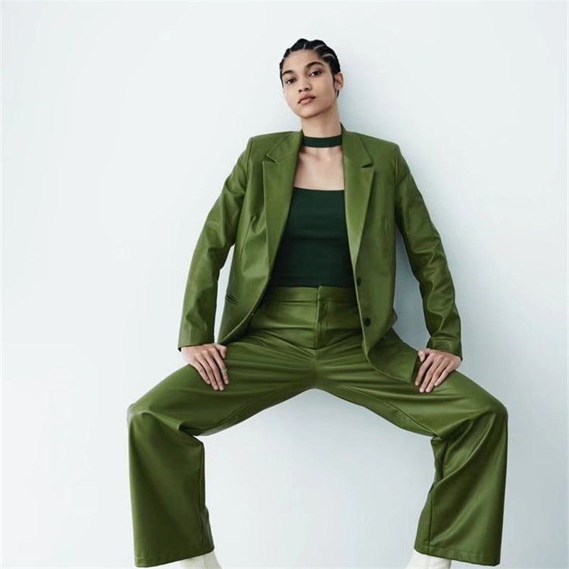 Women Casual Loose Fitting Suit Pants Faux Leather Set