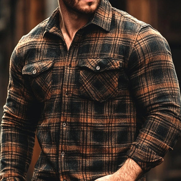 Men's Plaid Printed Fleece-lined Pocket Shirt