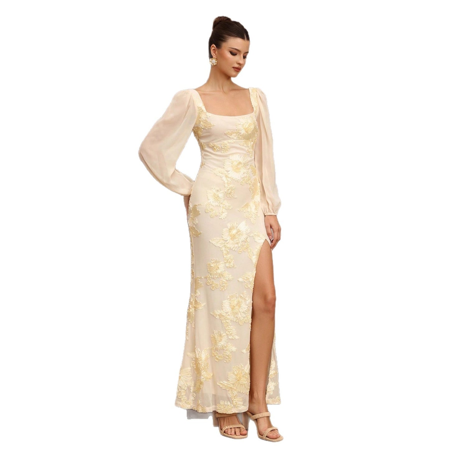Plate Flower Embroidery Square Collar Slit Banquet Dress