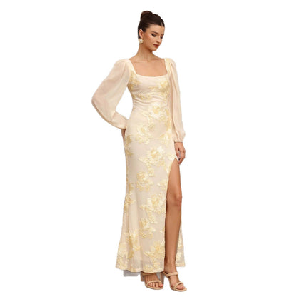 Plate Flower Embroidery Square Collar Slit Banquet Dress