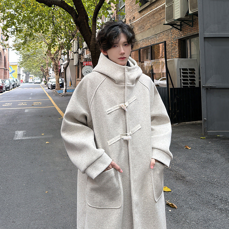 High-grade Woolen Horn Button Hooded Coat Medium length