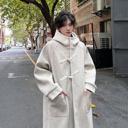 High-grade Woolen Horn Button Hooded Coat Medium length