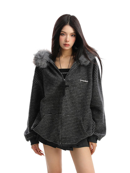 American Striped Detachable Big Fur Collar Hoodie