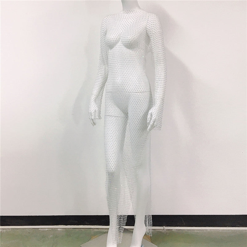 Women's Rhinestone Fishnet Mesh Sexy Slit Fishnet Dress