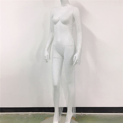 Women's Rhinestone Fishnet Mesh Sexy Slit Fishnet Dress