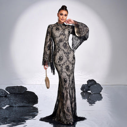 Long Sleeve Round Neck Sexy Lace Banquet Dress
