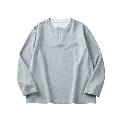 Half Long-sleeve Zipper Men's T-Shirt Autumn High-grade Contrast Color Loose Crew Neck Top