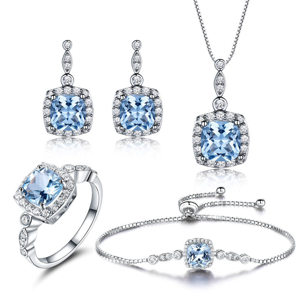 925 Sterling Silver Sky Blue Topaz Necklace, Four-Piece Set