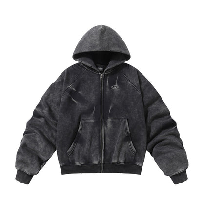 Winter American Retro Washed Distressed Hooded Fleece Lined Sweater