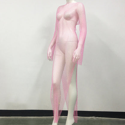 Women's Rhinestone Fishnet Mesh Sexy Slit Fishnet Dress
