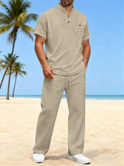 Cotton And Linen Summer Men's Solid Color Casual T-shirt Short Sleeve Shirt