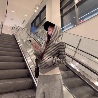 Gray Striped Hooded Sweater Women's Loose Casual