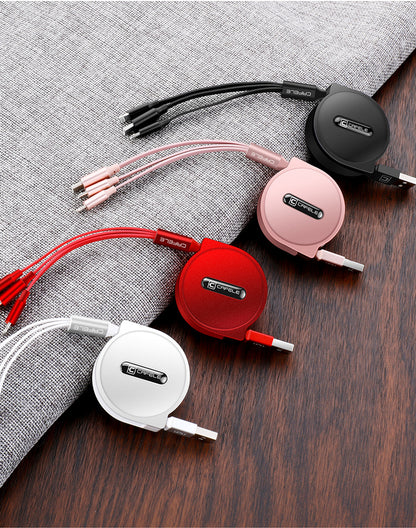 Telescopic three-in-one mobile phone charging cable, multi-function, multi-head.