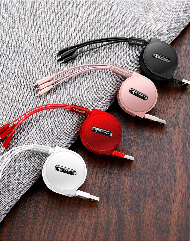Telescopic three-in-one mobile phone charging cable, multi-function, multi-head.