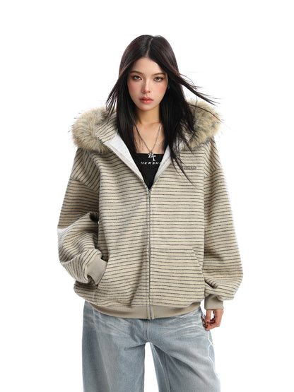 American Striped Detachable Big Fur Collar Hoodie