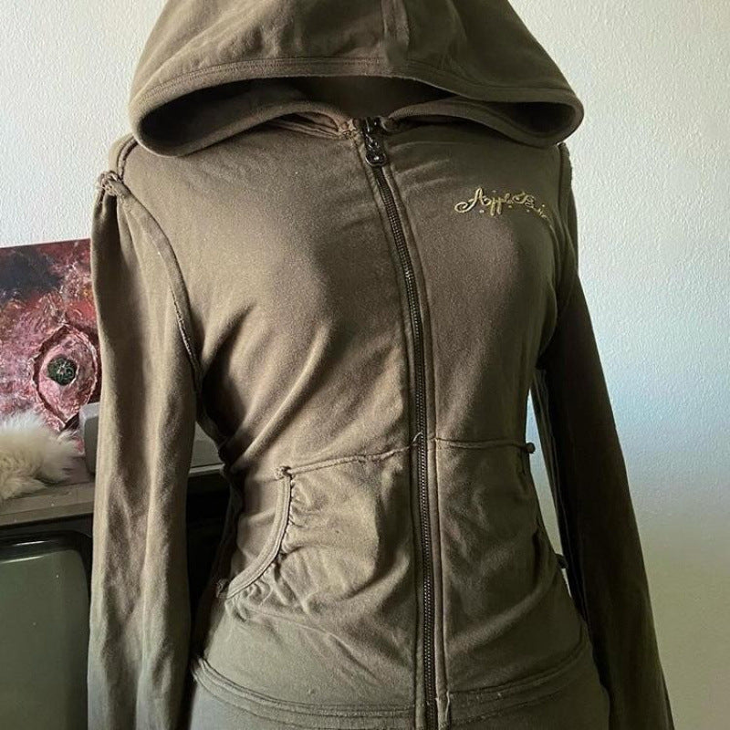 Autumn American Style Vintage Design Olive Green Hooded Printed Sweater