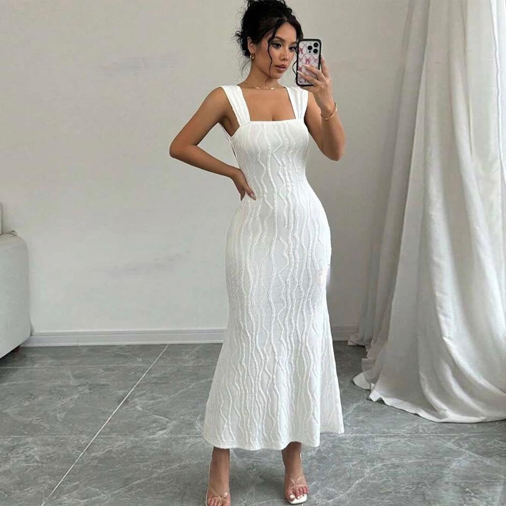 Striped Sexy Square Collar Sling Backless Long Dress