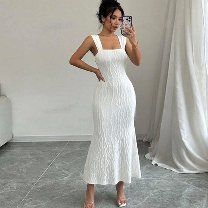 Striped Sexy Square Collar Sling Backless Long Dress