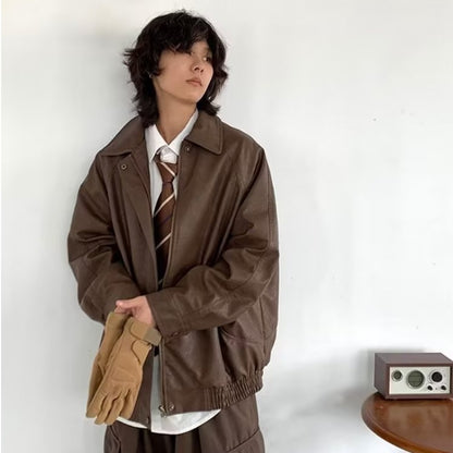 Japanese-style Retro Distressed Lapel Pu Jacket