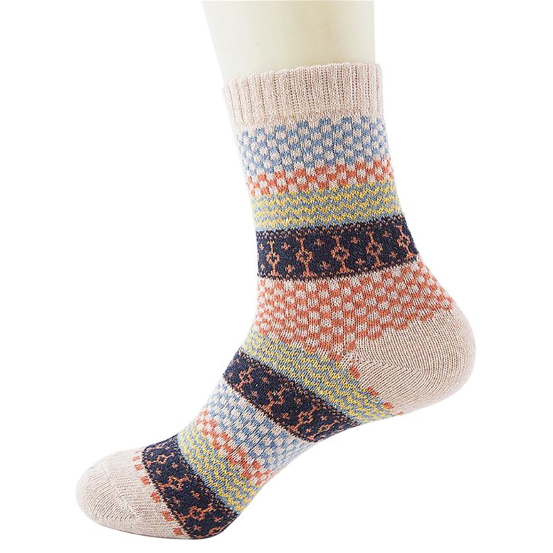 5 pairs, Men's Warm Ethnic Wool Socks, Plaid, Geometric Stripes and Ribbed Long Knit