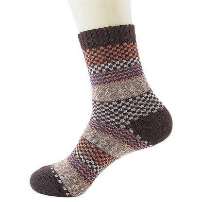 5 pairs, Men's Warm Ethnic Wool Socks, Plaid, Geometric Stripes and Ribbed Long Knit