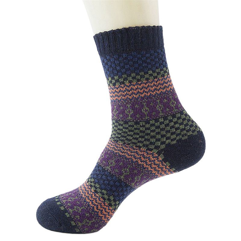 5 pairs, Men's Warm Ethnic Wool Socks, Plaid, Geometric Stripes and Ribbed Long Knit