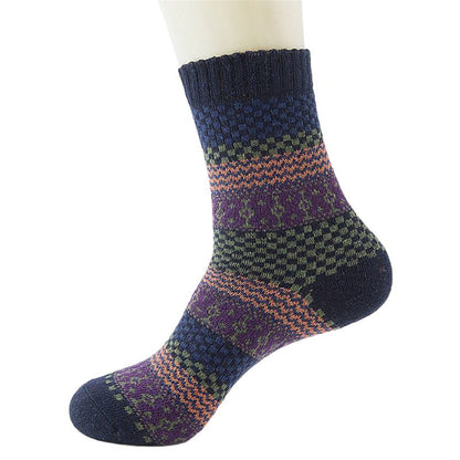 5 pairs, Men's Warm Ethnic Wool Socks, Plaid, Geometric Stripes and Ribbed Long Knit