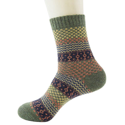 5 pairs, Men's Warm Ethnic Wool Socks, Plaid, Geometric Stripes and Ribbed Long Knit