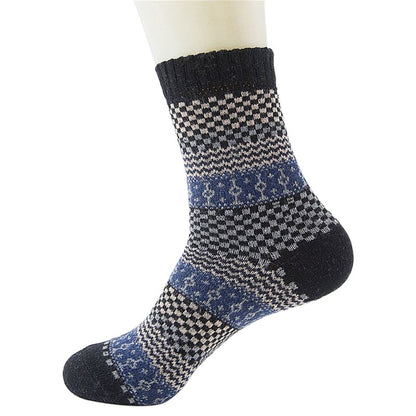 5 pairs, Men's Warm Ethnic Wool Socks, Plaid, Geometric Stripes and Ribbed Long Knit