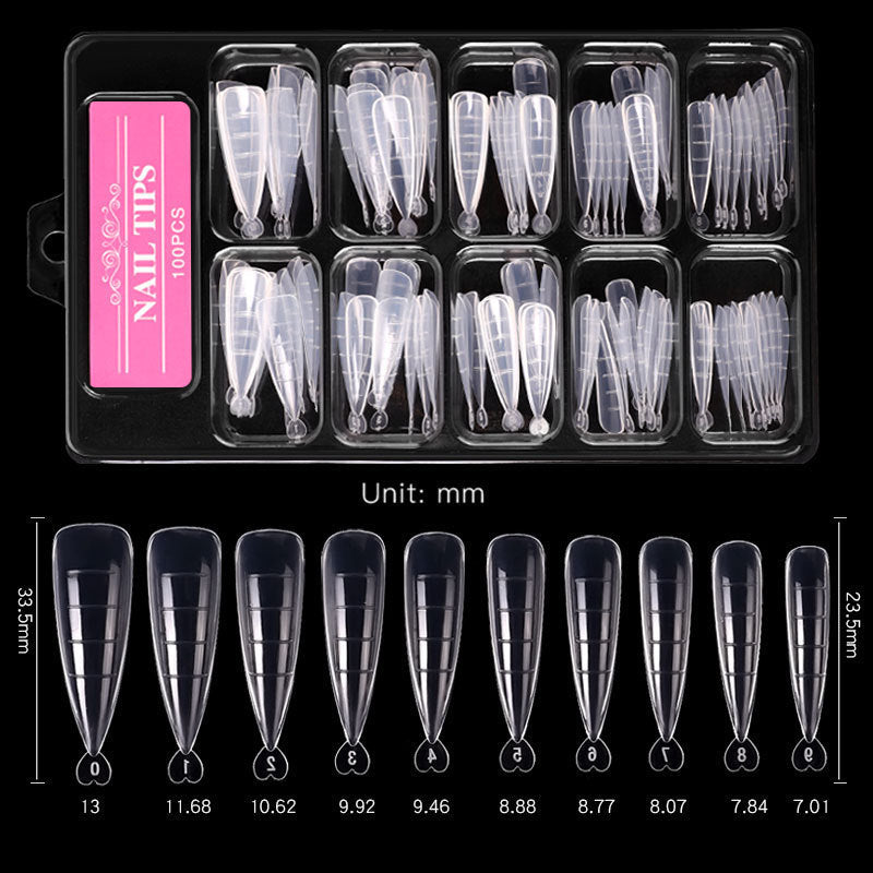 Ultra-thin, unmarked, water-drop pointed ballet coffin trapezoid nail art sheets, 100 pieces, boxed with scale.