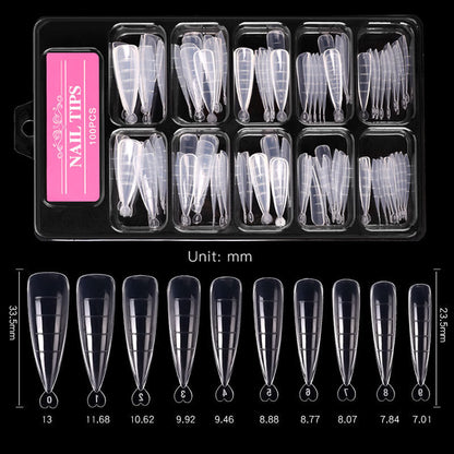 Ultra-thin, unmarked, water-drop pointed ballet coffin trapezoid nail art sheets, 100 pieces, boxed with scale.
