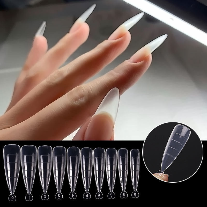 Ultra-thin, unmarked, water-drop pointed ballet coffin trapezoid nail art sheets, 100 pieces, boxed with scale.
