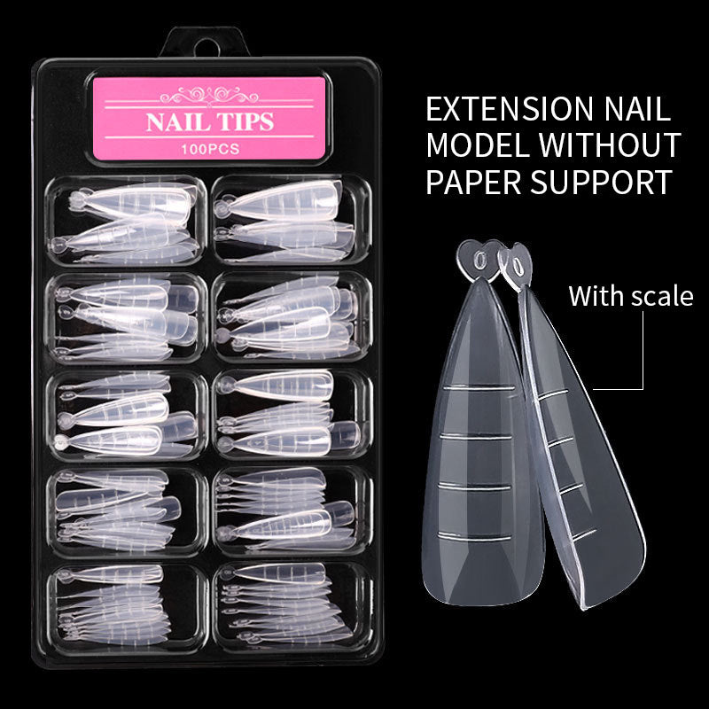 Ultra-thin, unmarked, water-drop pointed ballet coffin trapezoid nail art sheets, 100 pieces, boxed with scale.