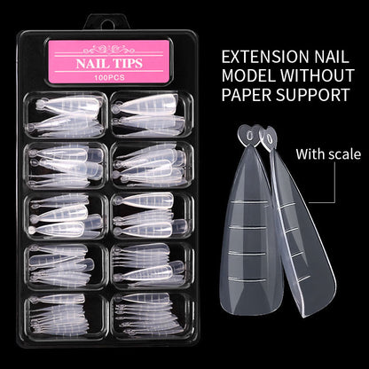 Ultra-thin, unmarked, water-drop pointed ballet coffin trapezoid nail art sheets, 100 pieces, boxed with scale.