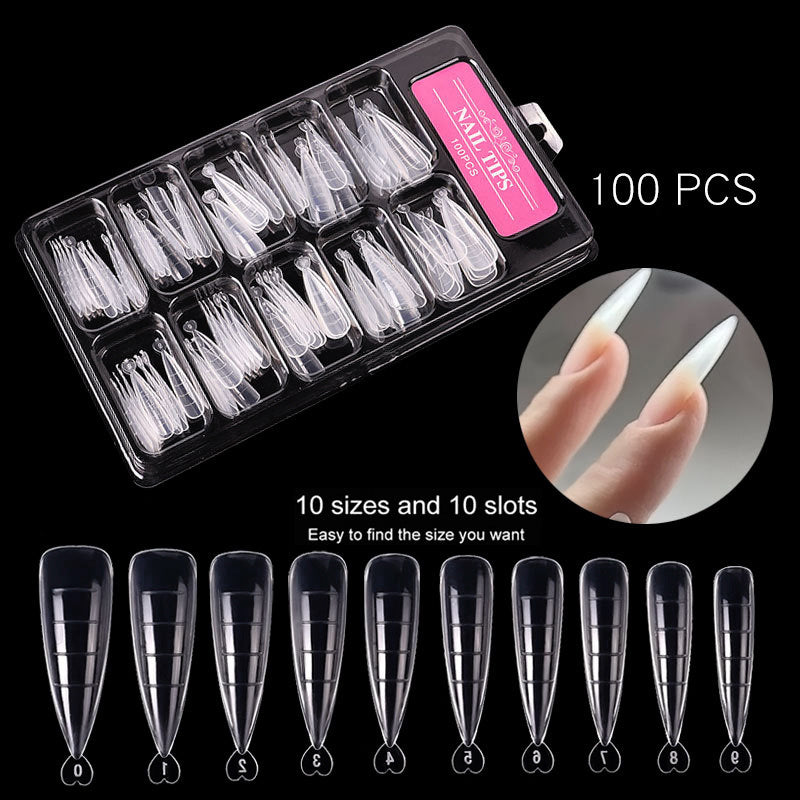 Ultra-thin, unmarked, water-drop pointed ballet coffin trapezoid nail art sheets, 100 pieces, boxed with scale.