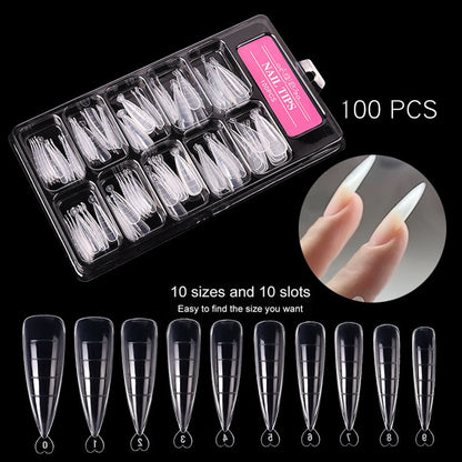 Ultra-thin, unmarked, water-drop pointed ballet coffin trapezoid nail art sheets, 100 pieces, boxed with scale.